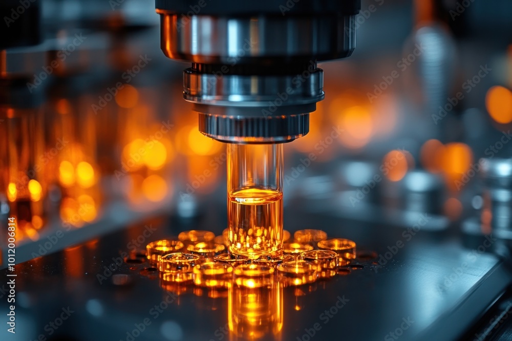 Closeup of a microscope lens positioned over a test tube filled with a clear liquid, with numerous orange vials arranged around it. Closeup of a microscope lens positioned over a test tube filled with a clear liquid, with numerous orange vials arranged around it.