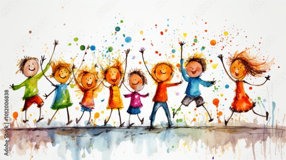 Fototapeta premium Joyful cartoon children holding hands and jumping together in a colorful hand drawn style