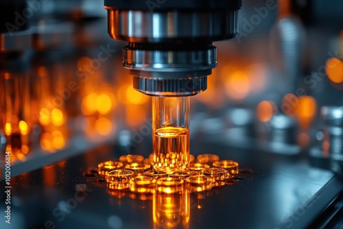 Closeup of a microscope lens positioned over a test tube filled with a clear liquid, with numerous orange vials arranged around it.