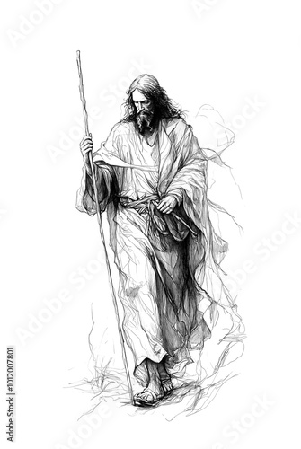 Jesus Christ walking. Illustration doodle sketch style. transparent background PNG. 