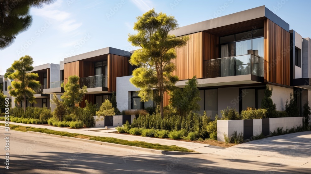 Obraz premium Modern townhouses with solar panels on roofs in a sunny urban area showcasing sustainable living