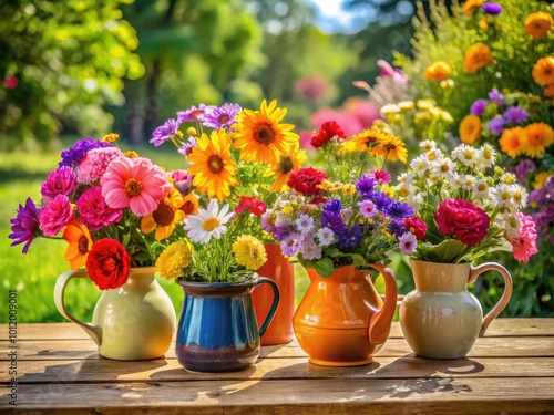 Wallpaper Mural Colorful pitchers filled with vibrant flowers arranged beautifully on a wooden table outdoors Torontodigital.ca