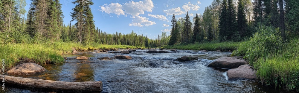 Scenic River Flowing Through Lush Forest, Highlighting Natural Beauty and Outdoor Serenity Scenic River Flowing Through Lush Forest, Highlighting Natural Beauty and Outdoor Serenity