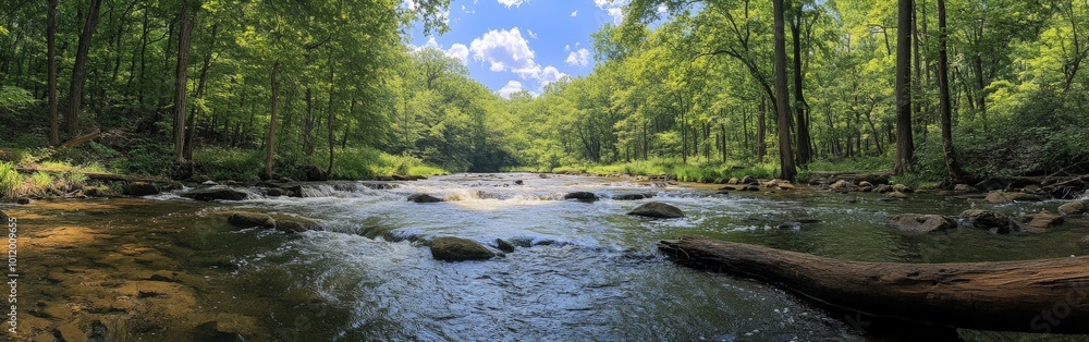 Scenic River Flowing Through Lush Forest, Highlighting Natural Beauty and Outdoor Serenity Scenic River Flowing Through Lush Forest, Highlighting Natural Beauty and Outdoor Serenity