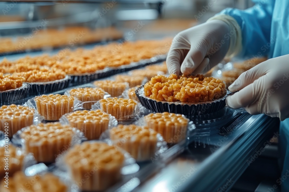 Close-up of gloved hands placing a small pastry in a tray of pastries on a conveyor belt. Close-up of gloved hands placing a small pastry in a tray of pastries on a conveyor belt.