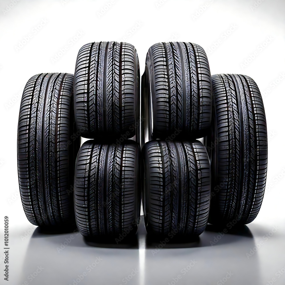 Tires in a Perfect Formation Isolated on White Background