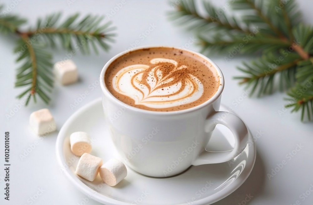 Coffee with cinnamon, on a white background with fir branches and a garland Coffee with cinnamon, on a white background with fir branches and a garland