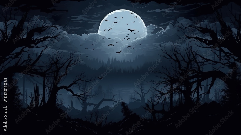 Eerie twilight landscape with foggy forest, dead trees, and moonlit sky filled with birds Eerie twilight landscape with foggy forest, dead trees, and moonlit sky filled with birds