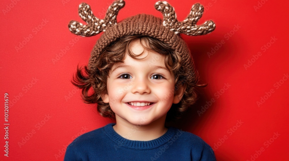 A smiling young boy with curly hair dons a cozy knitted hat featuring reindeer antlers. He stands in front of a bright red backdrop, radiating festive cheer and joy A smiling young boy with curly hair dons a cozy knitted hat featuring reindeer antlers. He stands in front of a bright red backdrop, radiating festive cheer and joy