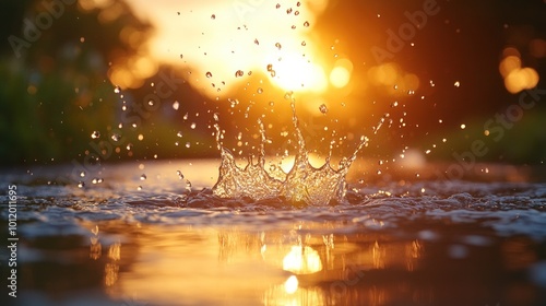 Wallpaper Mural A water drop splashes in a puddle at sunset, creating a crown-like splash with golden light reflecting on the water. Torontodigital.ca