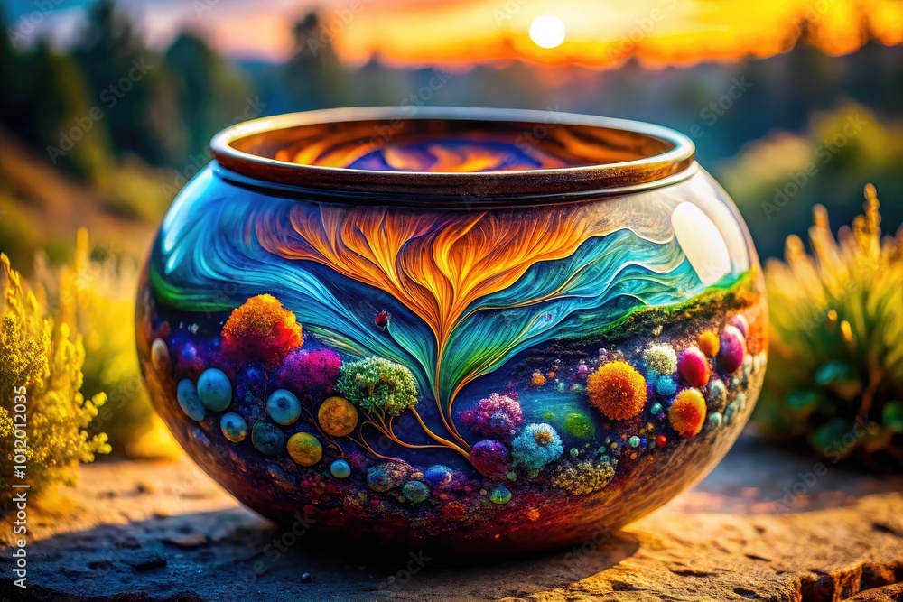 Colorful Pot Resin Art with Intricate Patterns and Textures on a Smooth Surface Background Colorful Pot Resin Art with Intricate Patterns and Textures on a Smooth Surface Background