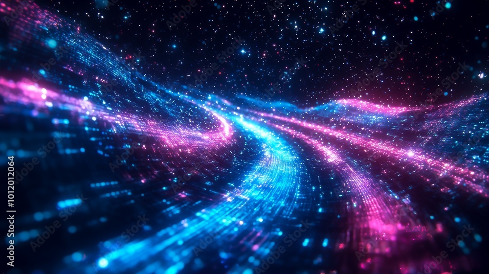 A vibrant digital landscape featuring waves of pink and blue light particles, creating a cosmic, flowing effect reminiscent of outer space A vibrant digital landscape featuring waves of pink and blue light particles, creating a cosmic, flowing effect reminiscent of outer space