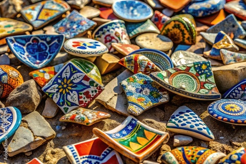Colorful pottery sherds scattered on the ground showcasing ancient craftsmanship and history