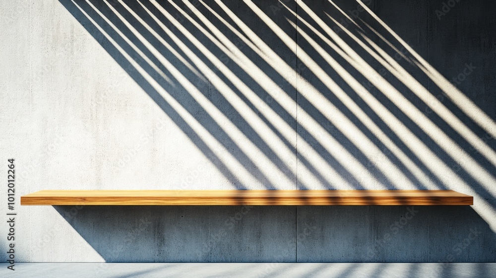 Obraz premium A wooden shelf rests against a plain concrete wall, where long shadows create striking patterns in the late afternoon sunlight, enhancing the minimalist aesthetic of the room