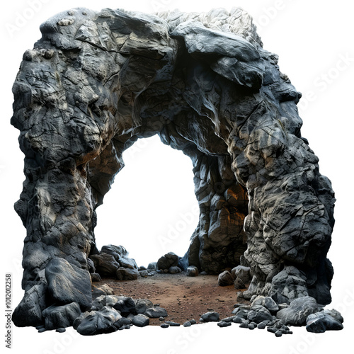 Big natural arch is forming a cave entrance on the beach with rocks on the ground