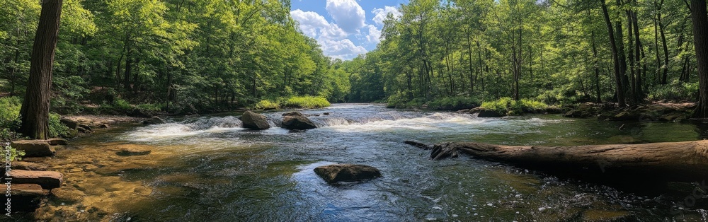 Scenic River Flowing Through a Forest with Beautiful Natural Surroundings Scenic River Flowing Through a Forest with Beautiful Natural Surroundings