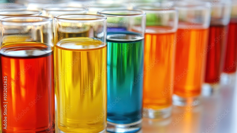 Brightly colored drinks are neatly arranged in clear glasses on a surface, showcasing a spectrum of hues illuminated by natural light Brightly colored drinks are neatly arranged in clear glasses on a surface, showcasing a spectrum of hues illuminated by natural light