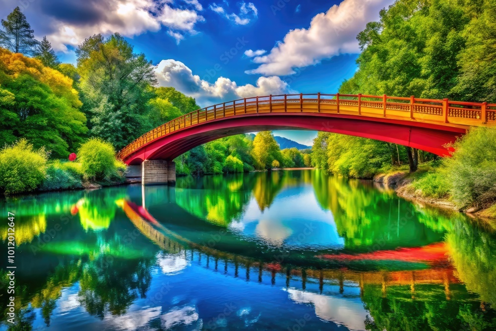 Colorful Rainbow Curve Bridge Spanning a Scenic River Under a Clear Blue Sky in Vibrant Nature Setting Colorful Rainbow Curve Bridge Spanning a Scenic River Under a Clear Blue Sky in Vibrant Nature Setting