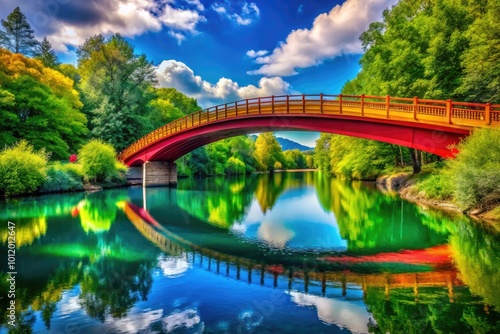 Colorful Rainbow Curve Bridge Spanning a Scenic River Under a Clear Blue Sky in Vibrant Nature Setting