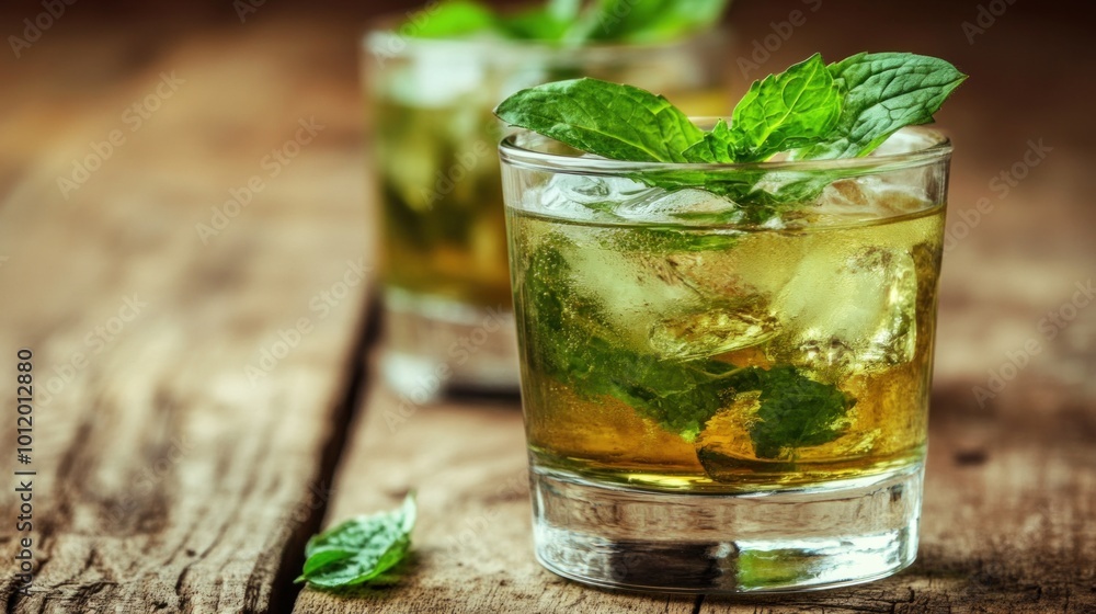 Two chilled mint julep cocktails are garnished with fresh mint leaves, refreshing for a summer gathering. The rustic wooden table adds a cozy touch to the setting Two chilled mint julep cocktails are garnished with fresh mint leaves, refreshing for a summer gathering. The rustic wooden table adds a cozy touch to the setting