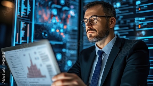 A business professional in formal attire is focused on analyzing data trends using a laptop in a modern office