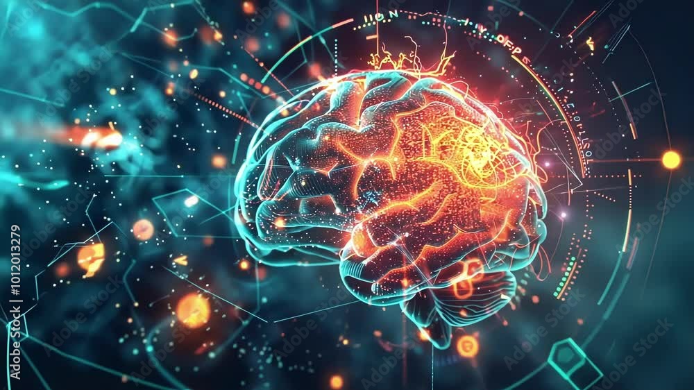 Digital brain is being analyzed by a futuristic interface, suggesting neural enhancement and the increasing fusion of man and technology Digital brain is being analyzed by a futuristic interface, suggesting neural enhancement and the increasing fusion of man and technology