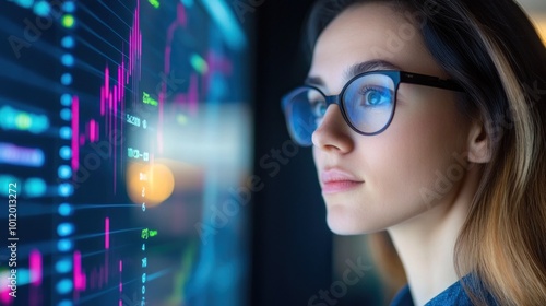 In a contemporary office setting, a young woman intently examines intricate digital financial graphs on a screen, reflecting evening light around her