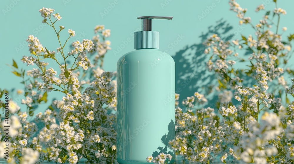 A turquoise pump bottle stands elegantly among delicate white flowers, all set against a mint green background, creating a tranquil and fresh atmosphere A turquoise pump bottle stands elegantly among delicate white flowers, all set against a mint green background, creating a tranquil and fresh atmosphere
