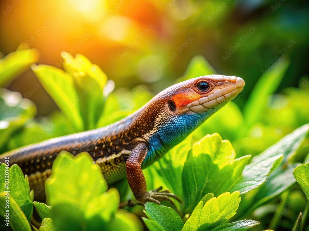 Naklejka premium Colorful Skink Resting Among Vibrant Green Leaves in a Serene Garden Environment Under Bright Sunlight