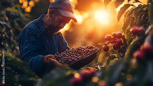 Harvesting Coffee Beans in the Golden Hour - Realistic Photo