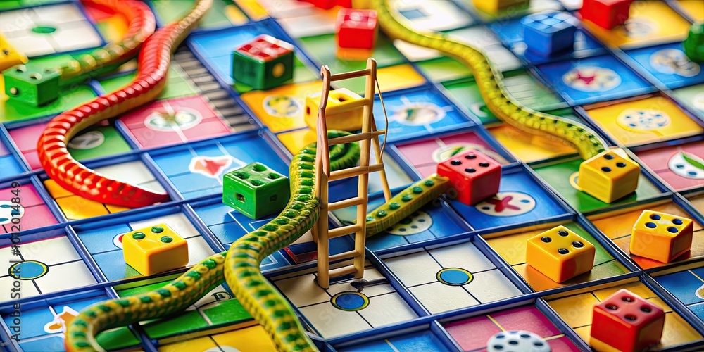 Fototapeta premium Colorful Snake and Ladder Game Board with Dice, Ladders, Snakes, and Vibrant Numbered Squares