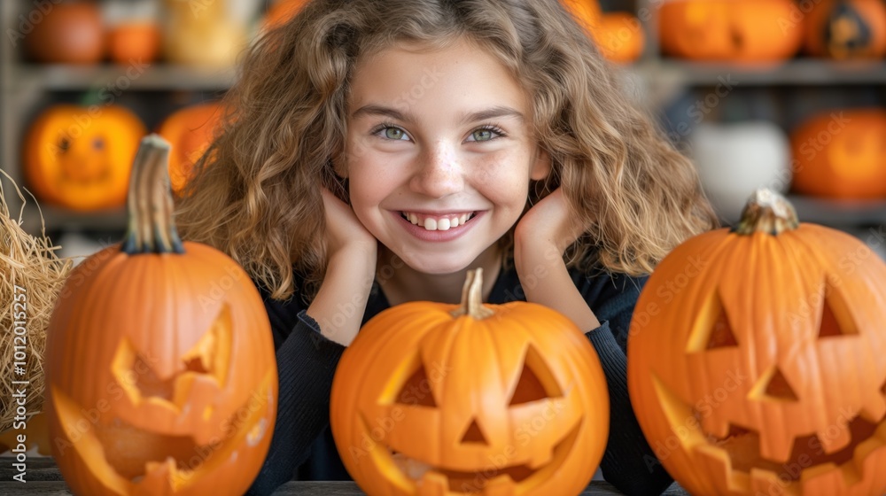 A cheerful girl sits in front of several carved pumpkins, showcasing her bright smile and enjoying the festive atmosphere of autumn and Halloween A cheerful girl sits in front of several carved pumpkins, showcasing her bright smile and enjoying the festive atmosphere of autumn and Halloween