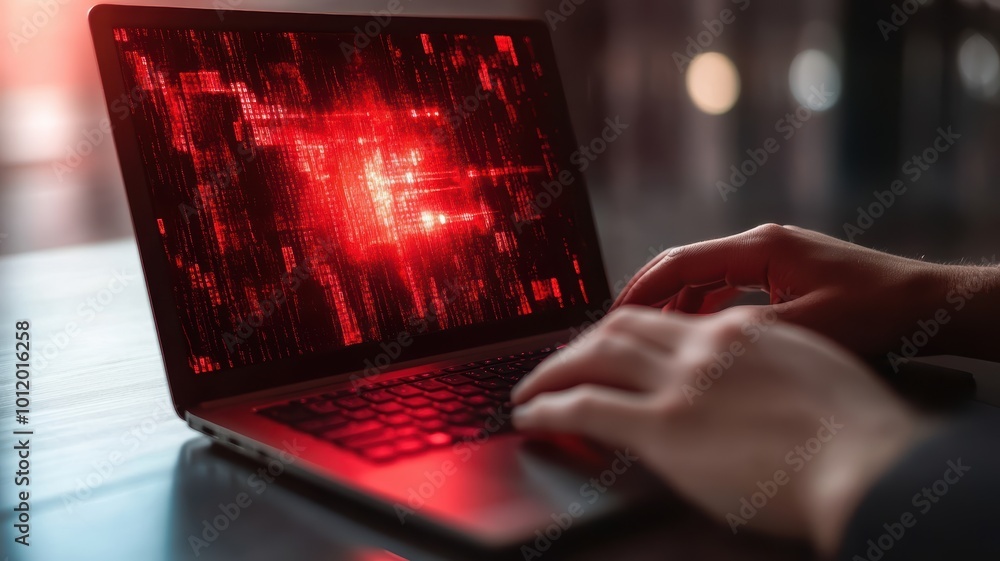 Hands typing on a laptop with a digital display in red tones. Hands typing on a laptop with a digital display in red tones.