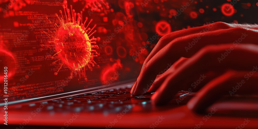 Hands typing on a laptop with a red virus graphic in the background. Hands typing on a laptop with a red virus graphic in the background.