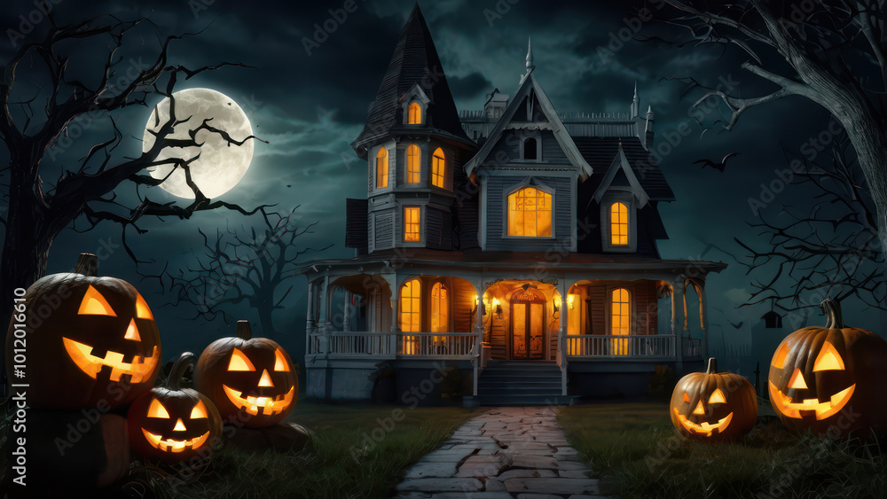Fototapeta premium halloween background with pumpkins and dark house