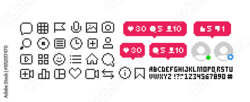 Pixel app icons set of social networks. Interface navigation and app icons in 8-bit retro video game style. Pixel social media icons set of likes, dislikes and followers, commet. Perfect pixel vector
