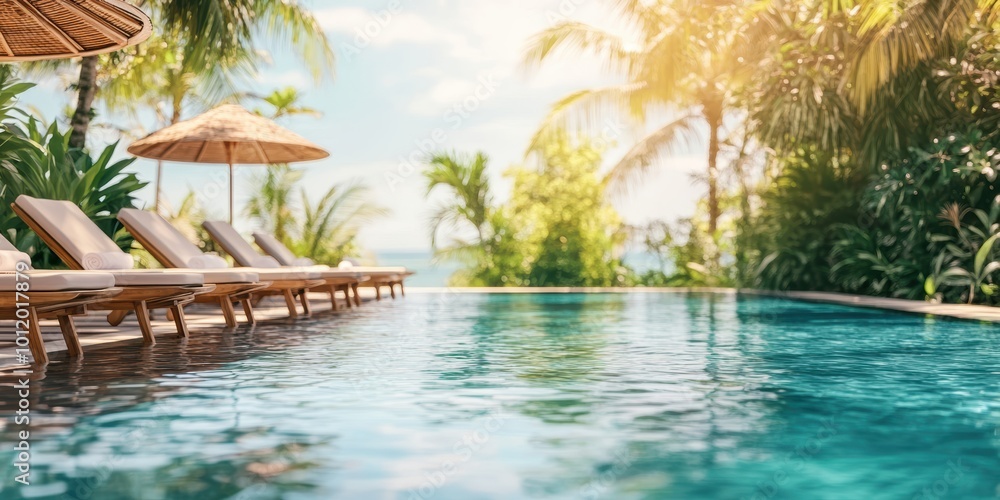 Luxurious poolside with lounge chairs surrounded by tropical plants and clear blue water Luxurious poolside with lounge chairs surrounded by tropical plants and clear blue water