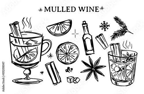 mulled wine in a glass, hot winter drink, black monochrome sketch illustration, vector, hand drawn