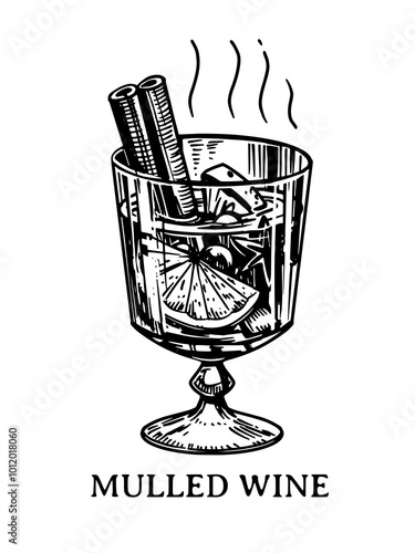 mulled wine in a glass, hot winter drink, black monochrome sketch illustration, vector, hand drawn