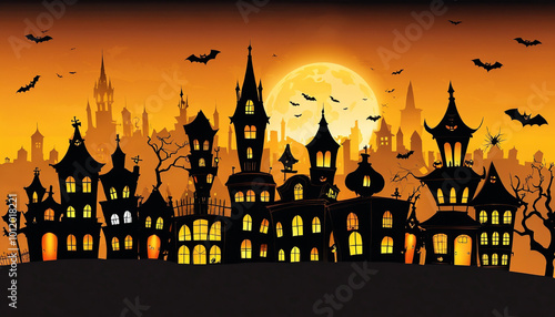 HalloweenPanorama of the city in Halloween style. Scary Halloween isolated background. Orange and yellow background.