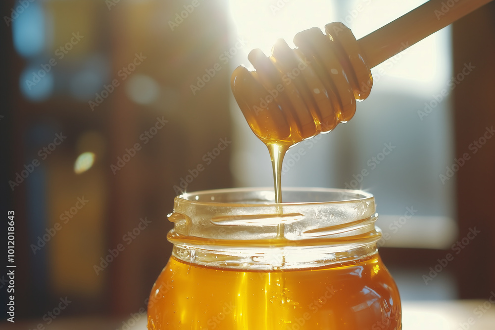 Honey dripping close up from wooden dipper into jar against bright blurry bokeh background, final organic bee product. Honey dripping close up from wooden dipper into jar against bright blurry bokeh background, final organic bee product.