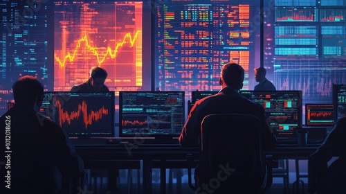 Stock Market Trading Room with Multiple Displays Showing Financial Data