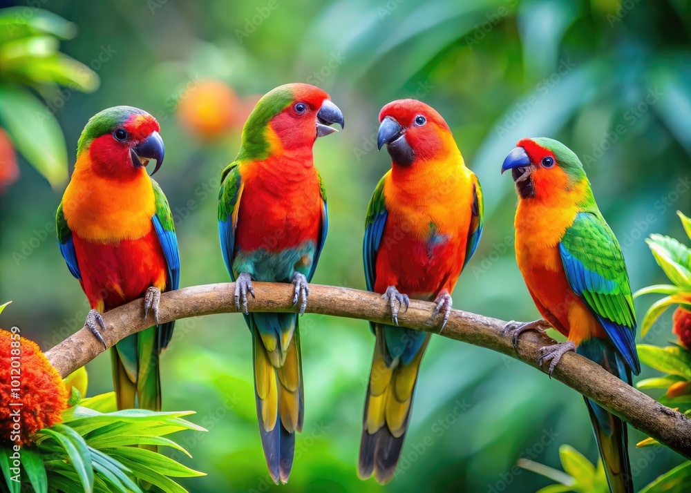 Colorful Talking Birds Perched on Branches Engaging in Communication in a Lush Green Environment Colorful Talking Birds Perched on Branches Engaging in Communication in a Lush Green Environment