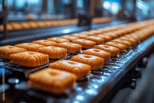 A close-up shot of freshly baked cookies moving along a conveyor belt in a factory.