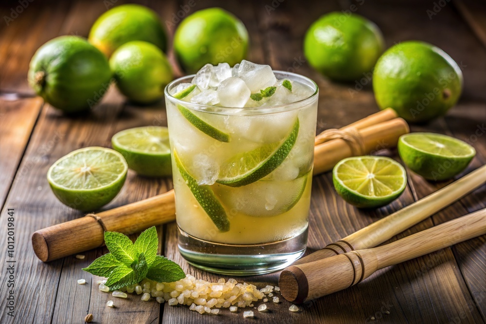 Caipirinha cocktail with lime mint and sugar crystals on wooden surface Caipirinha cocktail with lime mint and sugar crystals on wooden surface