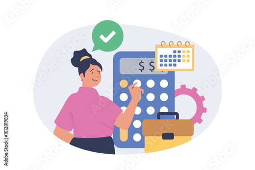 Business and finance concept in modern flat design for web. Businesswoman calculating budget balance, finding financial investments for project in bank, searching partnership. Vector illustration.