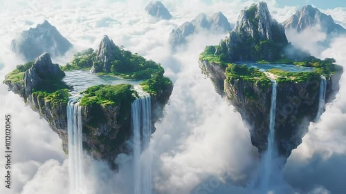 Breathtaking Floating Islands with Waterfalls Above Cloudscape