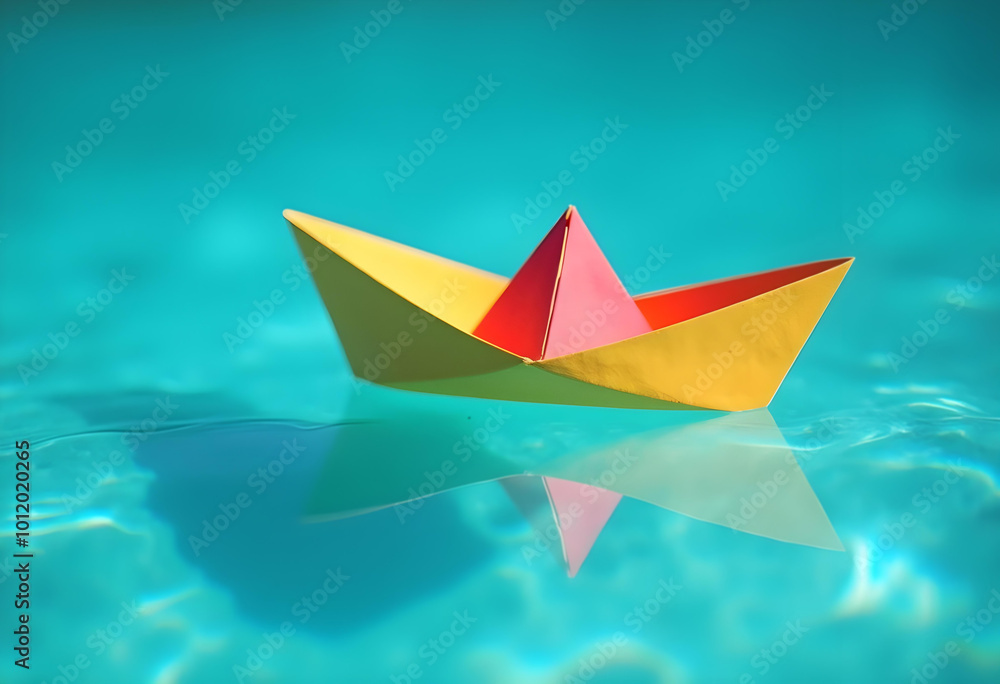 Origami Paper Boat Floating on Turquoise Water Beautiful Reflection Orange Craft Origami Paper Boat Floating on Turquoise Water Beautiful Reflection Orange Craft