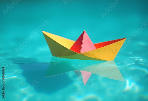 Origami Paper Boat Floating on Turquoise Water Beautiful Reflection Orange Craft