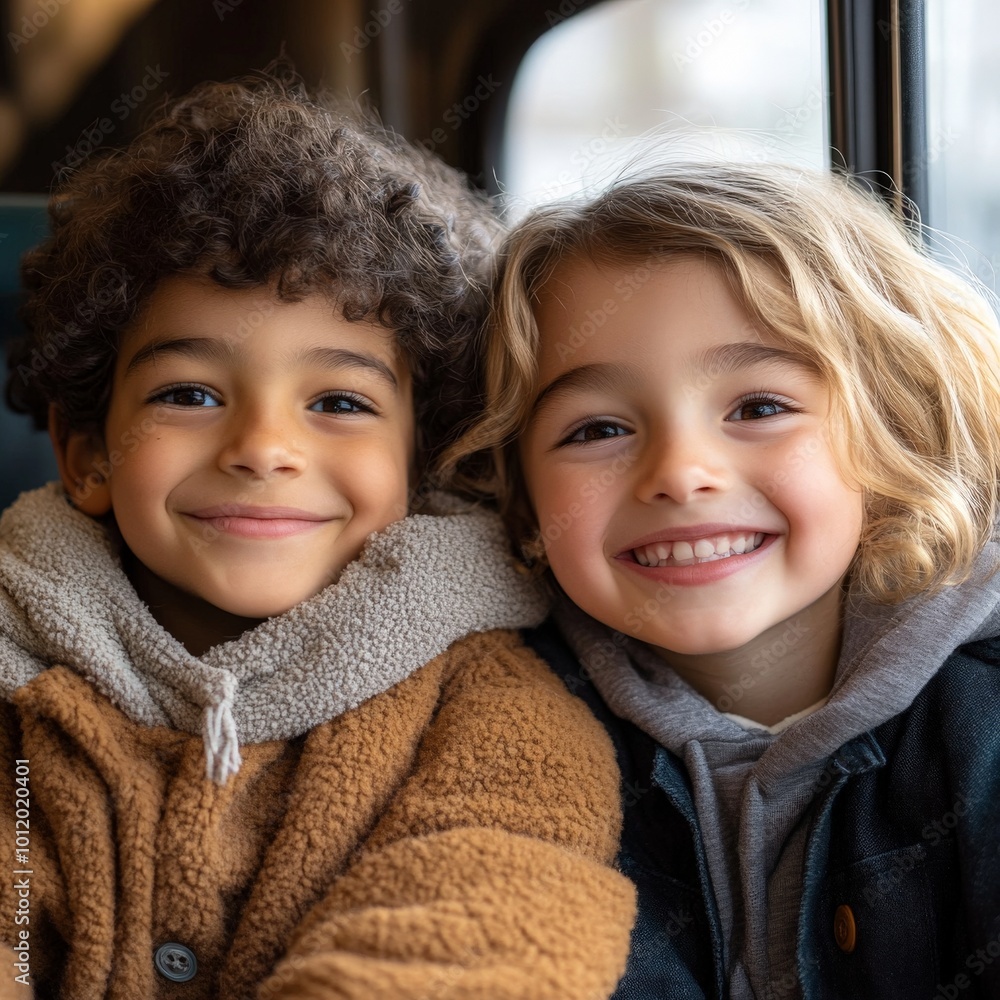 Happy Siblings Enjoying Scenic Views During Train Journey Adventure Happy Siblings Enjoying Scenic Views During Train Journey Adventure